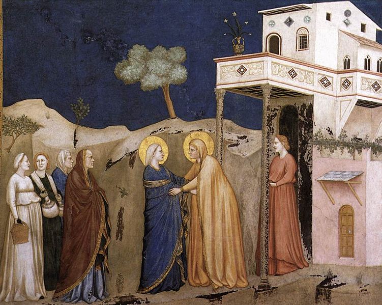 Marijos apsilankymas. Giotto,_Lower_Church_Assisi,_The_Visitation. 1310s 14 a. 2 deš.
