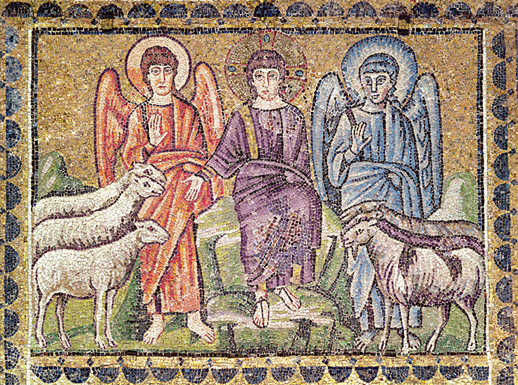 Avys ir oziai Christ separating the sheep and goats, Ca. 6th century, mosaic, Basilica of Sant’ Apollinare Nuovo, Ravenna, Italy.