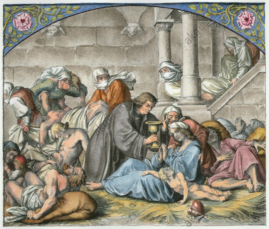 Martin Luther with plague victims (Wittenberg in 1535; handing out the last supper to a dying person). Etching, 1847, by Gustav König. nuspalvinta vėliau. 2
