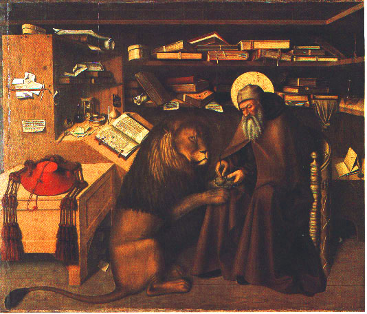 Jeronimas darbo kabinete. Niccolò Antonio Colantonio, c. 1440-1470 Jerome in his Study