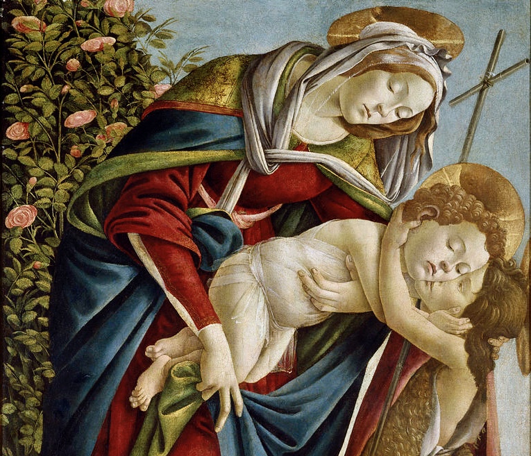 Kaledos gimimas Kudikis Marija Jonas Krikstytojas. Madonna col Bambino e San Giovannino. Sandro Botticelli, 1491